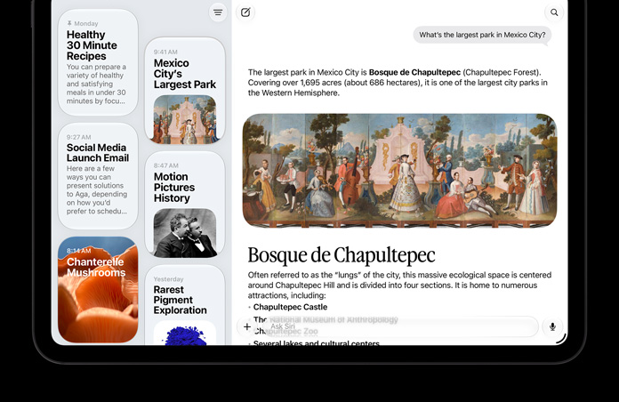 太空黑色 11 吋 iPad Pro 的正面圖，螢幕顯示 Siri app 正在進行 Siri AI 對話，側邊欄則展示過往對話。