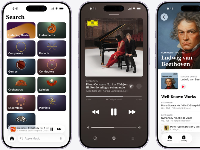 iPhone vlevo zobrazuje aplikaci Apple Music Classical. Na panelu procházení je vybrán oddíl katalogu s dlaždicemi kategorií skladatelů, období, žánrů, dirigentů, orchestrů, sólistů, souborů a pěveckých sborů; iPhone uprostřed zobrazuje přehrávání Beethovenova Klavírního koncertu č. 1 C dur, Op. 15: III. Rondo. Allegro scherzando v Dolby Atmos; iPhone vpravo zobrazuje stránku skladatele Ludwiga van Beethovena.