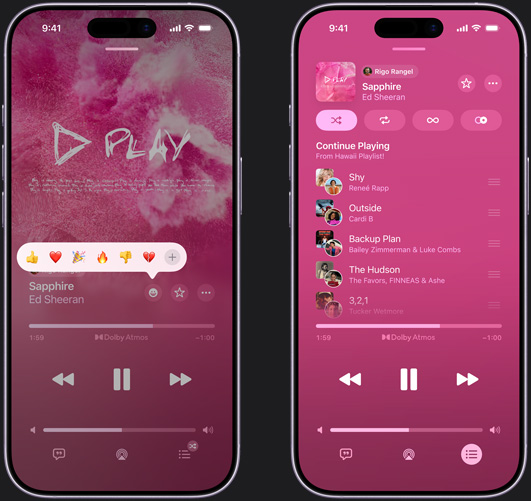 På iPhone till vänster spelas låten Sapphire med Ed Sheeran med emojireaktioner där alternativen är tumme upp, hjärta, fira, tumme ner och lägg till en annan reaktion. På iPhone till höger visas en gemensam spellista som heter Hawaii Playlist där flera låtar har lagts till av olika personer
