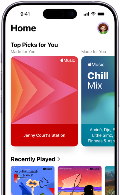 Layar tab Beranda Apple Music di iPhone, carousel Pilihan Teratas untuk Anda yang menampilkan stasiun dan daftar putar Jenny Court yang dipersonalisasi