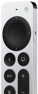 Siri Remote, ตัวเรือนอะลูมิเนียมสีเงิน, รูปทรงเพรียวบาง ภายนอกด้านหน้ามีไมโครโฟนอยู่ตรงกลางด้านบน, ปุ่มเปิดปิดอยู่ฝั่งขวาด้านบน, คลิกแพดแบบวงกลมที่รองรับการสัมผัส, ปุ่มควบคุมที่ยกสูงขึ้นเรียงเป็นสองแถวในแนวตั้ง ได้แก่ ปุ่มย้อนกลับ, ปุ่มหยุดพักและเล่น, ปุ่มปิดเสียง, ปุ่มโฮม และปุ่มเพิ่ม/ลดระดับเสียง ภายนอกด้านบนมีตัวส่งสัญญาณ IR ด้านขวามีปุ่ม Siri ที่ยกสูงขึ้นมาบริเวณด้านบน, ตัวเครื่องภายนอกที่แบนเรียบและมีมุมมน