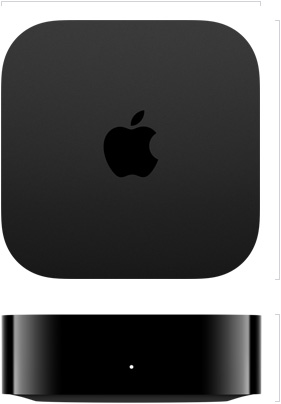 Apple TV 4K, vue du dessus, logo Apple au centre, face avant, voyant lumineux