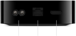 Apple TV 4K, face arrière, ports : bloc d’alimentation intégré, Gigabit Ethernet, HDMI