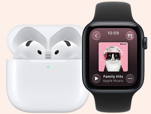 AirPods 4, microphone, in MagSafe Charging Case, open, rounded corners, green charge indicator light, Apple Watch SE 3, Aluminium case, midnight colour, Apple Music app, now playing screen, midnight Sport Band