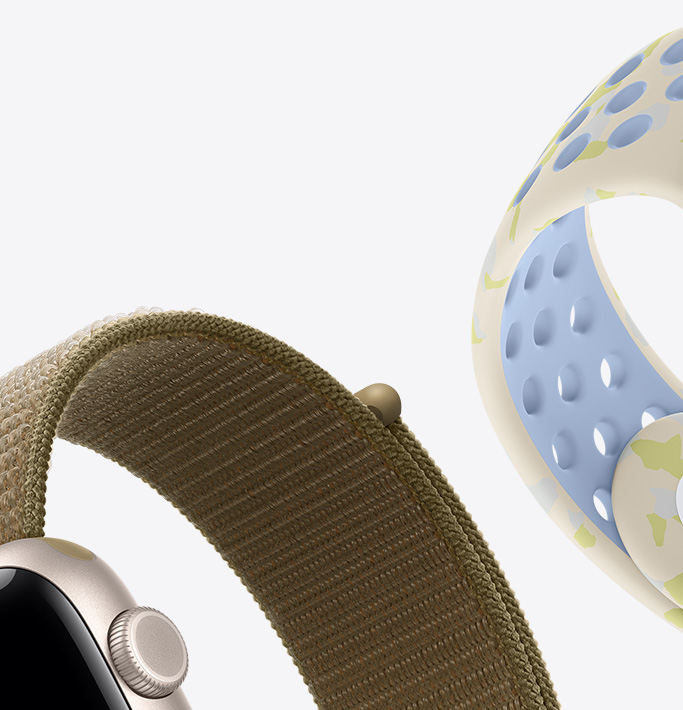 Apple Watch SE 3, caja de aluminio, color blanco estrella, correa Loop deportiva, color verde oliva (verde tierra), correa Nike Sport, color tiza cálido (color crema en la parte exterior, azul pálido en el lado que está en contacto con la piel, diseño discreto de formas de color amarillo verdoso)