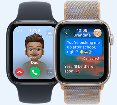 Urządzenia Apple Watch SE 3, na ekranach widać połączenie przychodzące od taty, wiadomości od babci; paski: pasek sportowy w kolorze czarnym, opaska sportowa w kolorze spranego dżinsu (jasnym szaroniebieskim)