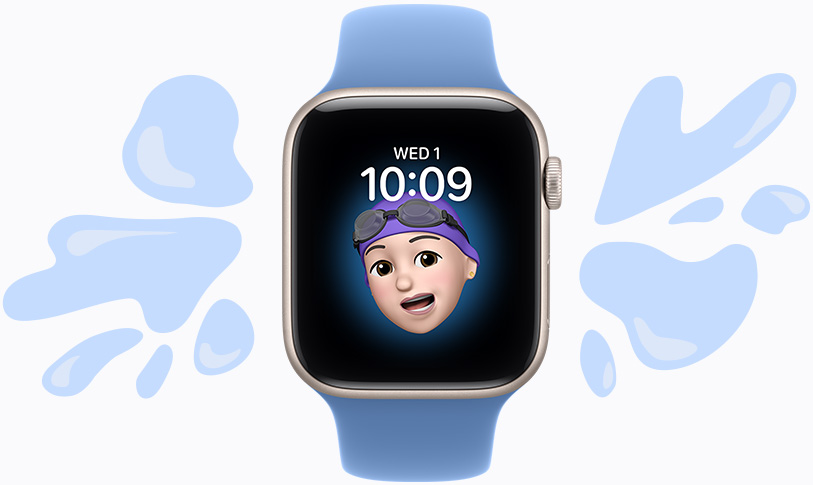 Apple Watch SE 3, Aluminium case, starlight color, Memoji watch face, illustrated water splashes off water-resistance device, purple fog Sport Band