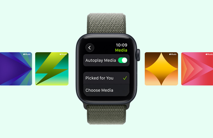 Apple Watch SE 3, aluminum case, midnight color, Apple Music workout playlist suggestions, band, Sport Loop, forest color