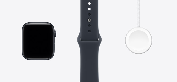 Apple Watch SE 3, aluminum case, midnight colour (black), front exterior, edge-to-edge display, digital crown, Sport Band, black colour, Apple Watch Magnetic Fast Charger to USB-C Cable