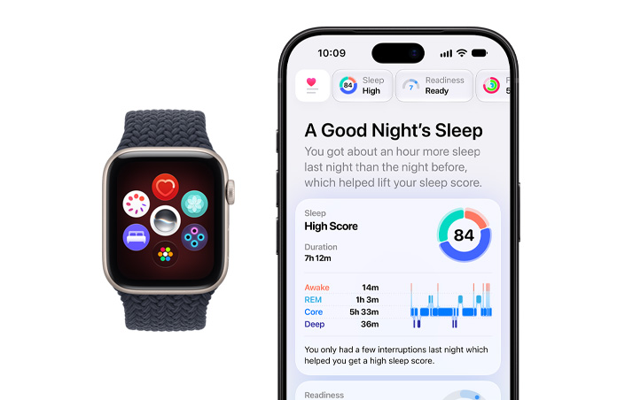 Health App paired with iPhone, screen shows sleep score