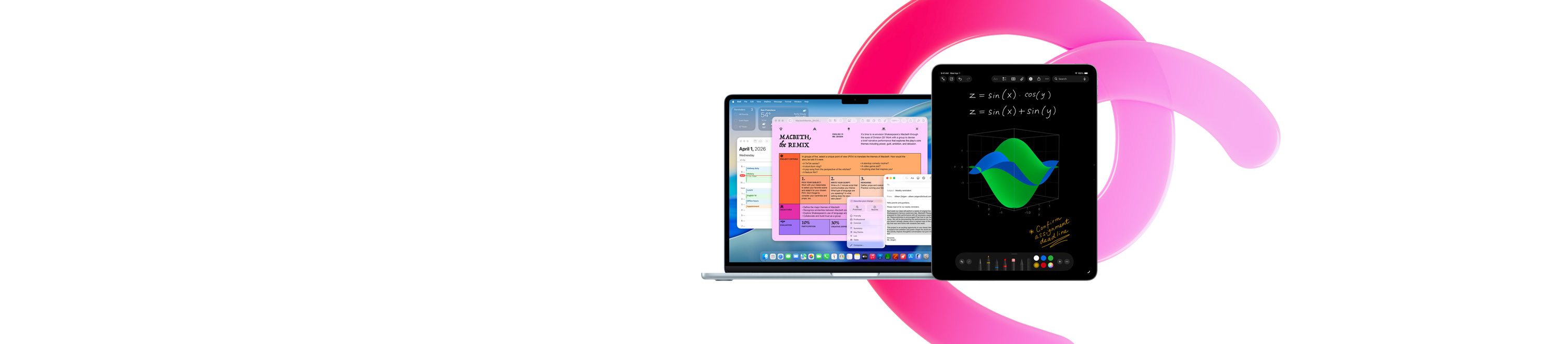 MacBook Air mostrando os apps Pages, Calendário, Alerta e Mail ao lado de um iPad que exibe equações escritas à mão nas Notas de Cálculo, demonstrando produtividade com os apps incluídos