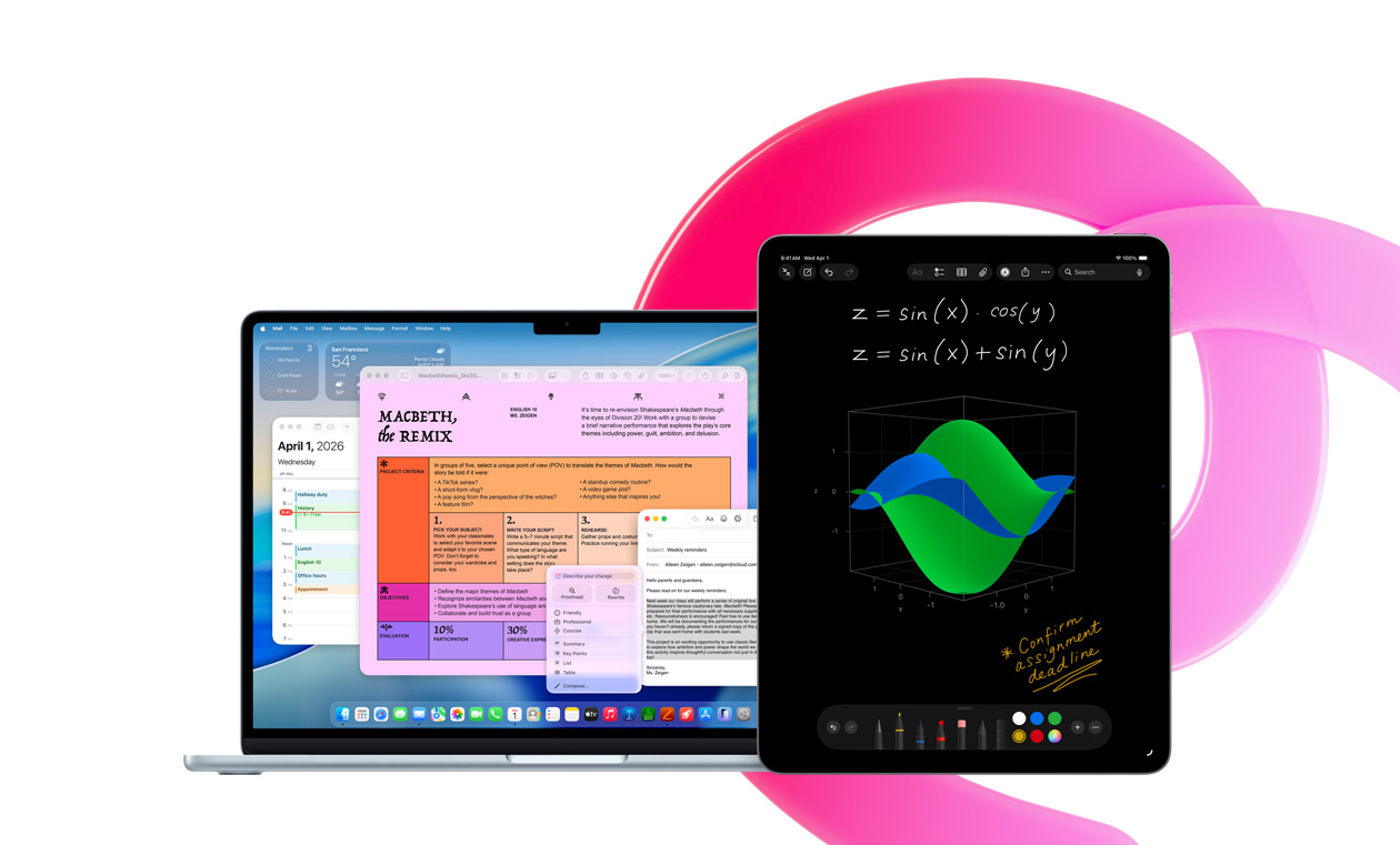 MacBook Air mostrando os apps Pages, Calendário, Alerta e Mail ao lado de um iPad que exibe equações escritas à mão nas Notas de Cálculo, demonstrando produtividade com os apps incluídos