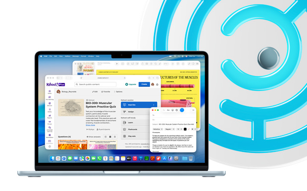 MacBook azul-céu aberto mostrando conteúdo educacional no Keynote, Mail e Safari com o Kahoot!, incluindo um teste de prática sobre o sistema muscular