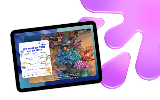 iPad mostrando uma caça ao tesouro em um aquário virtual no Freeform e no JigSpace, destacando seus recursos criativos