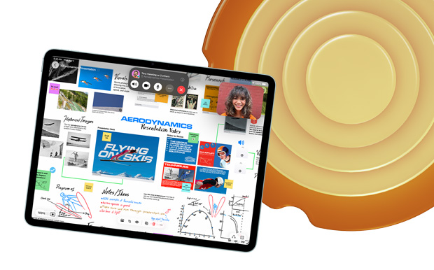 Imagem da parte da frente do iPad mostrando vários tópicos e esboços no Freeform
