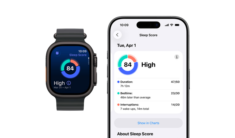 Apple Watch Series 11, hliníkové pouzdro, růžově zlatá barva, kruhový graf se spánkovým skóre a hodnocením, na pravém boku korunka Digital Crown, světle ruměný sportovní řemínek, úplná analýza spánku zobrazená na spárovaném iPhonu