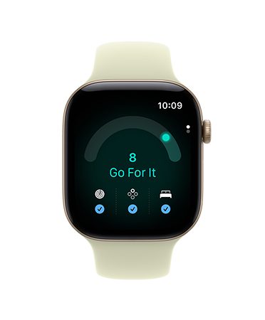 Apple Watch Series 12, aluminum case, light gold colour, Ready app with readiness score 8, Sport Band, pale succulent colour (light yellow-green)