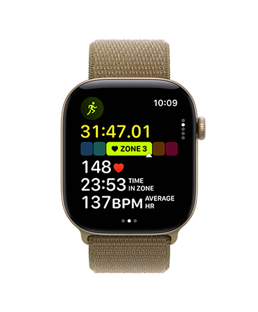 Apple Watch Series 12, aluminum case, light gold colour, Outdoor Run workout open, heart rate in Heart Zone 3, Sport Loop band, olive colour (brownish-green)