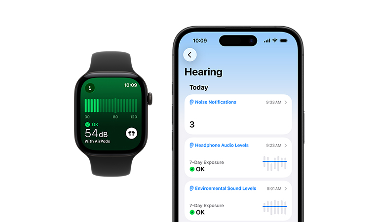 Apple Watch Series 12, aluminum case, black colour, Noise app, Sport Band, black colour, detailed Hearing daily summary open on paired iPhone