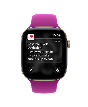 Apple Watch Series 12, aluminum case, light gold colour, possible cycle deviation notification, Sport Band, magenta colour