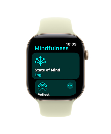 Apple Watch Series 12, aluminum case, light gold colour, Mindfulness app open, Sport Band, pale succulent colour (light yellow-green)