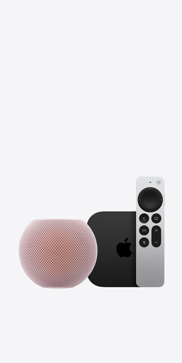 HomePod mini 2 i lyserød med Apple TV 4K og Siri Remote