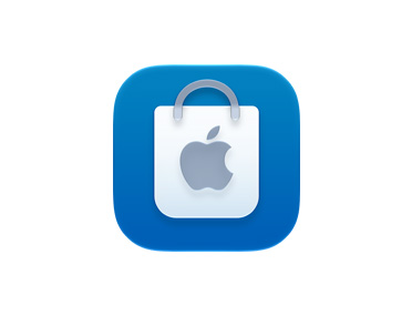 Symbol for Apple Store-appen i blå med et hvidt Apple-logo på en shoppingpose