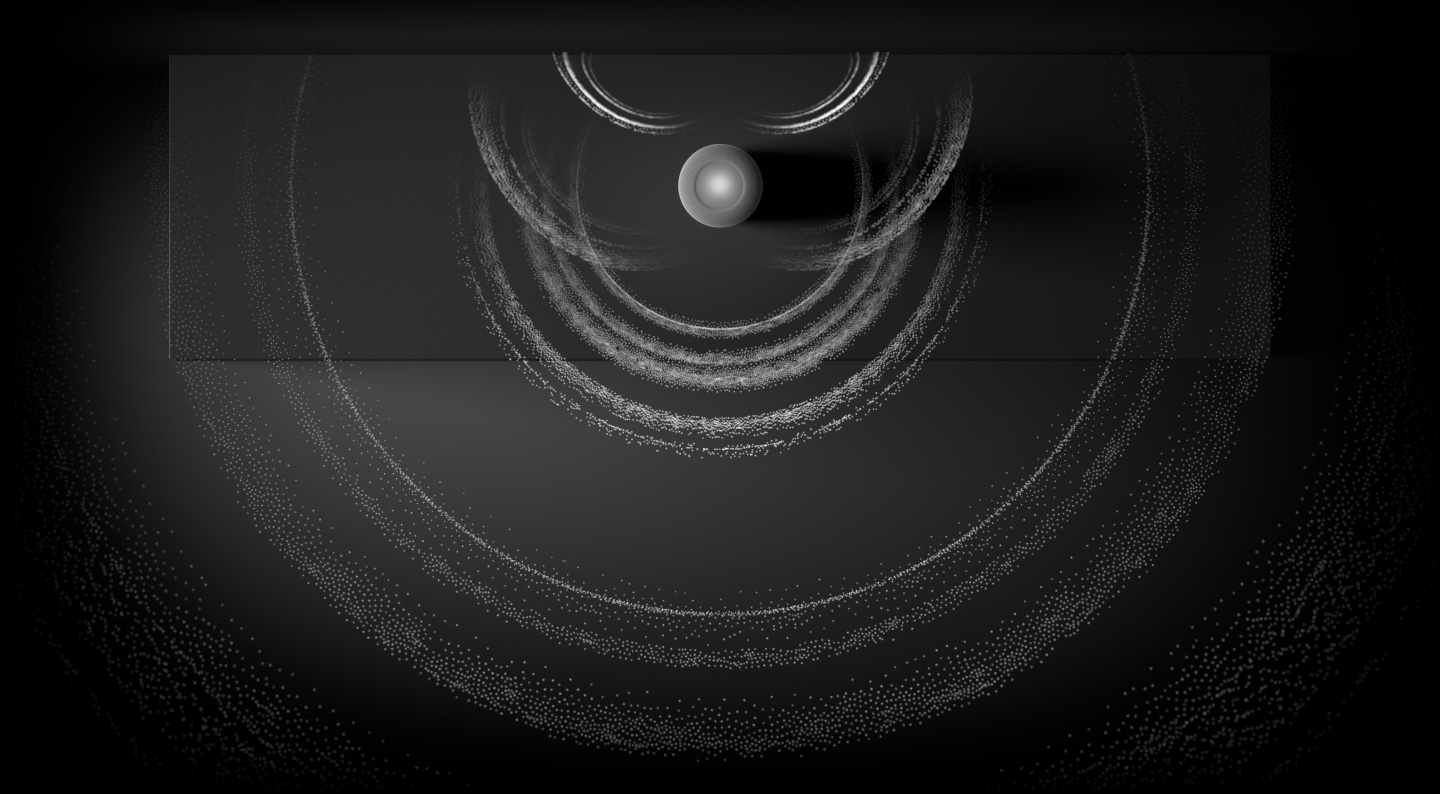 Een visualisatie van Ruimtelijke Audio, een bovenaanzicht van HomePod met geluidsdeeltjes in golvende ringen die eromheen uitstralen.
