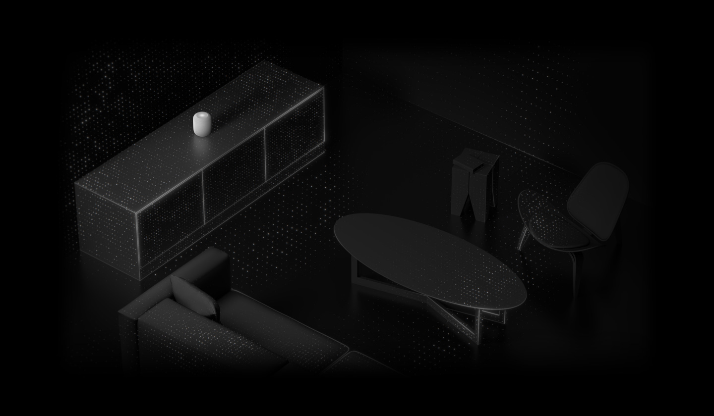 Een visualisatie van ruimtedetectie. HomePod op een dressoir in een kamer. Uit HomePod komen lichtdeeltjes tevoorschijn die het geluid symboliseren. Deze lichtdeeltjes bewegen over de andere objecten in de kamer: de bank, de salontafel, de bijzettafel en de stoel.