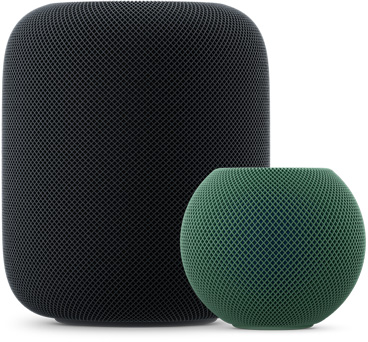 HomePod in de kleur middernacht naast HomePod mini 2 in de kleur groen, de grotere cilindrische HomePod wordt vergeleken met de compacte bolvormige HomePod mini 2