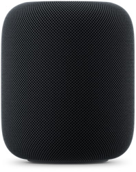 Vooraanzicht van HomePod in de kleur middernacht, cilindrisch design, naadloos akoestisch mesh-materiaal.