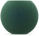 Vooraanzicht van HomePod mini 2 in de kleur groen, compact bolvormig design, naadloos akoestisch mesh-materiaal.