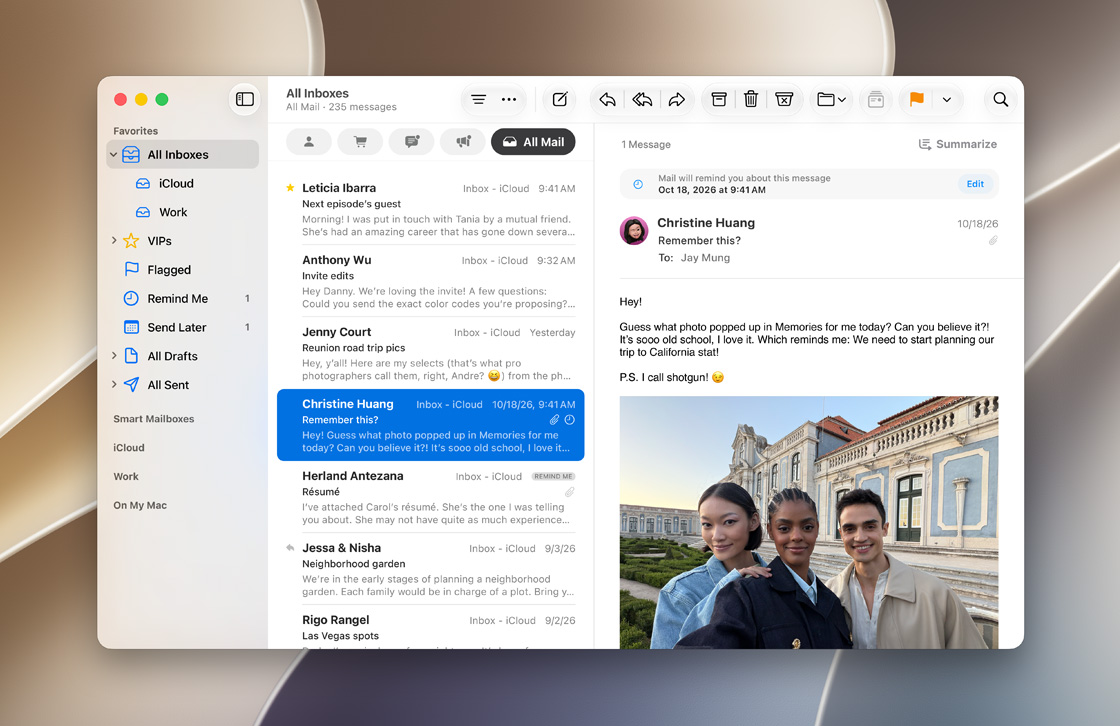 Pantalla de la integración de la bandeja de entrada de Mail de iCloud