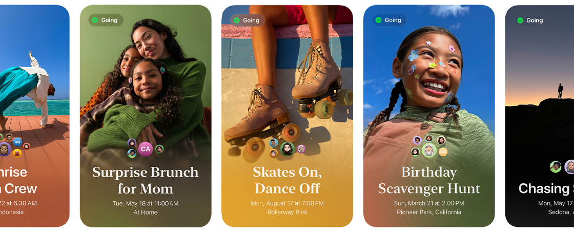Fila de Apple Invitaciones con fotos personalizadas a todo color para eventos llamados «Desayuno sorpresa para mamá», «Patinaje y baile» y «Fiesta de cumpleaños»
