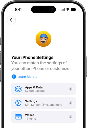 Pantalla de la configuración de un nuevo iPhone con la restauración de iCloud