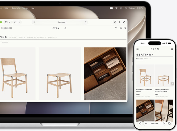 Pantallas de un MacBook y un iPhone con la misma página de Safari abierta en ambos dispositivos