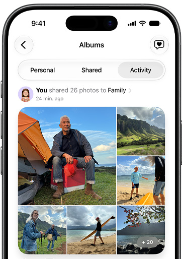En un iPhone, la pantalla de Álbumes con la pestaña Actividad seleccionada muestra un Álbum Compartido con fotos de un viaje a Hawái en familia