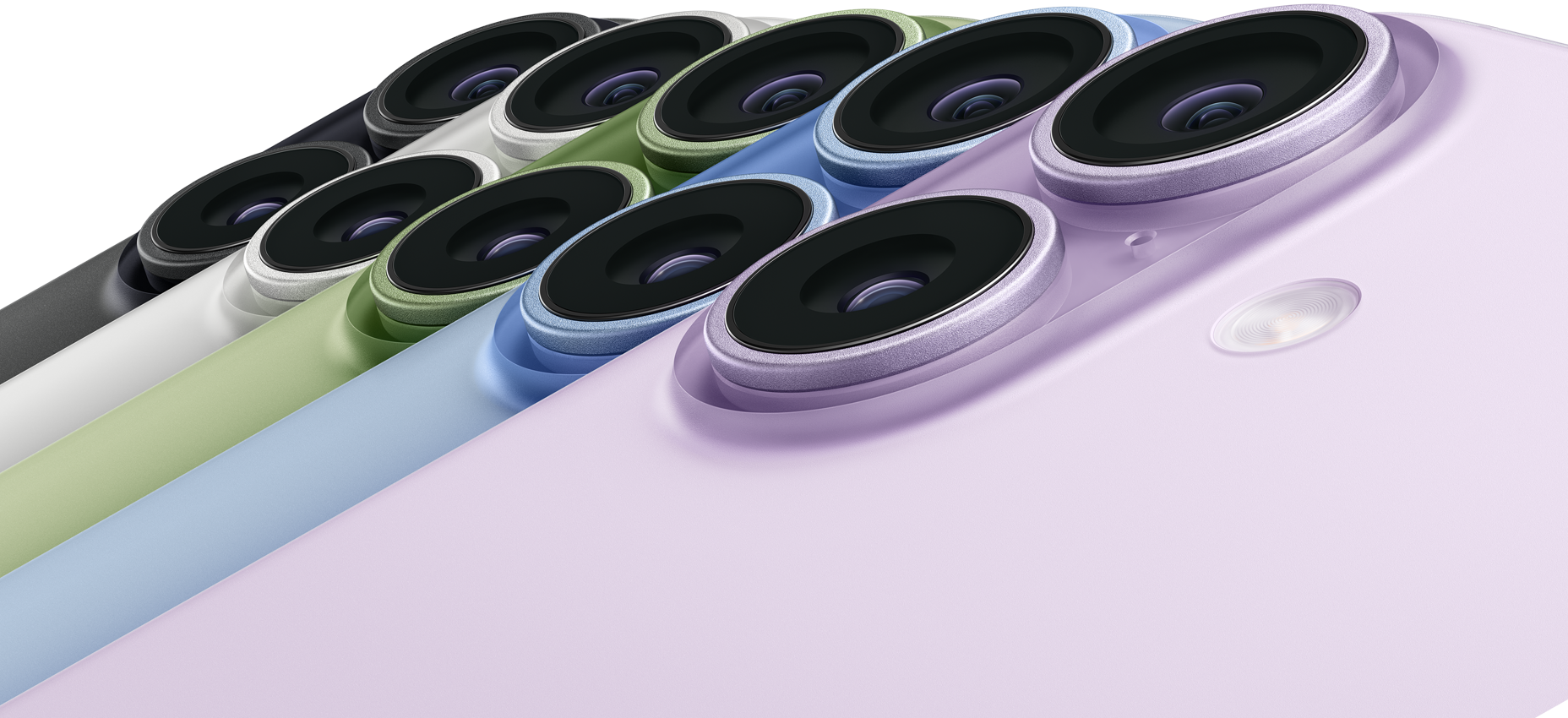 Parte de trás de cinco aparelhos iPhone 17 nas cores preto, branco, sálvia, azul-névoa e lavanda mostrando o canto superior esquerdo e o sistema de câmera dupla Fusion