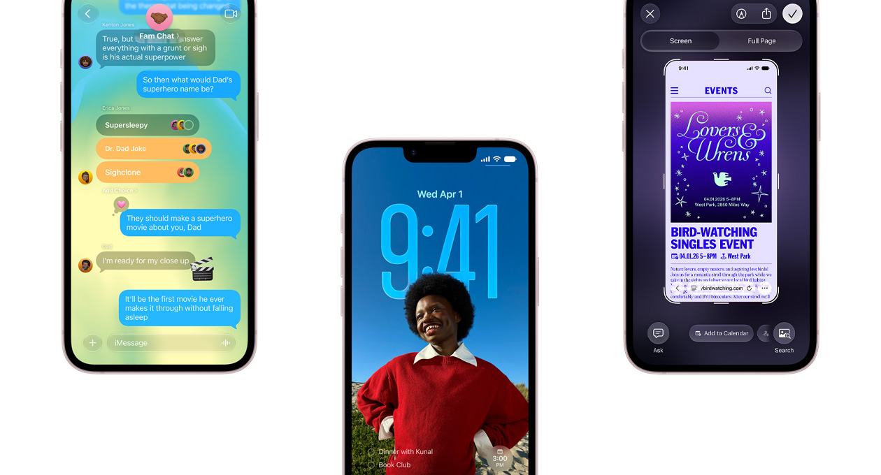 Drie iPhone 17e-devices, het scherm aan de linkerkant toont een gesprek in de Berichten-app, het scherm in het midden toont het toegangsscherm met een portret van een glimlachende persoon, de agenda- en tijds-apps achter hen, het scherm aan de rechterkant toont een interface voor het aanmaken van een gebeurtenis