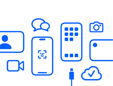 Appareils et fonctionnalités Apple, iCloud, iPhone avec Face ID et câble de charge, Caméra, échange de messages, Messages.
