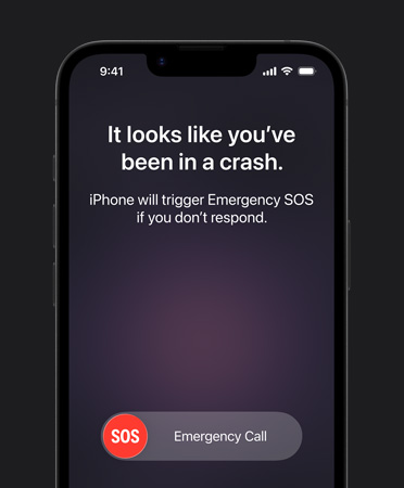 iPhone 17e, vooraanzicht, de feature Ongelukdetectie wordt gebruikt