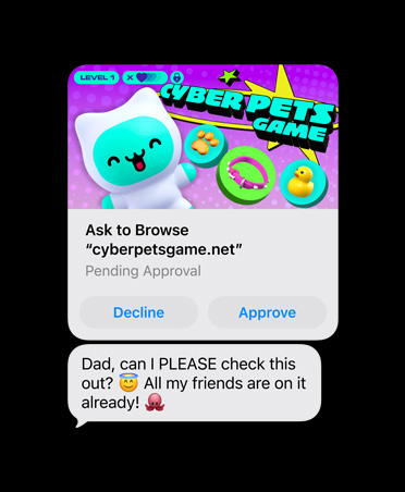 Fonctionnalités pour la sécurité des enfants. Boîte de dialogue de navigation pour le jeu CyberPets (approuver/refuser) accompagnée d’un texto d’enfant demandant une approbation