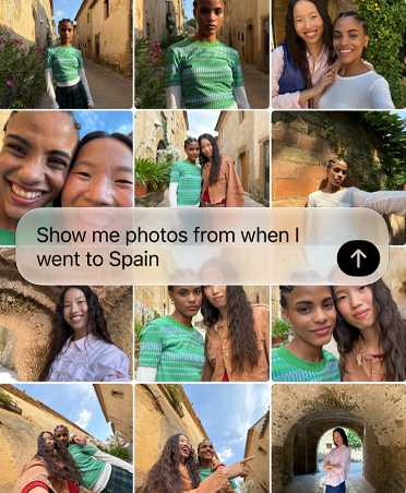Siri A I affiche les photos d’un voyage en Espagne à la demande de la personne qui l’utilise, à l’écran différents paysages et des gens qui profitent de leur séjour