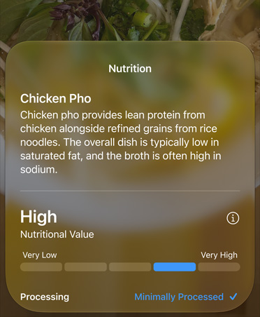 Informations nutritionnelles sur le phô au poulet, fournies par Siri A I