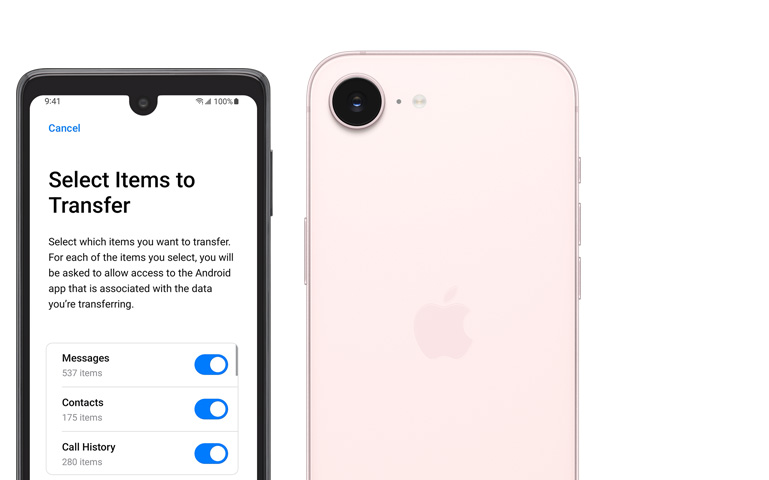 Côte à côte, appareil Android montrant l’app Migrer vers iOS, iPhone dix-sept-e, face arrière, rose pâle, caméra Fusion