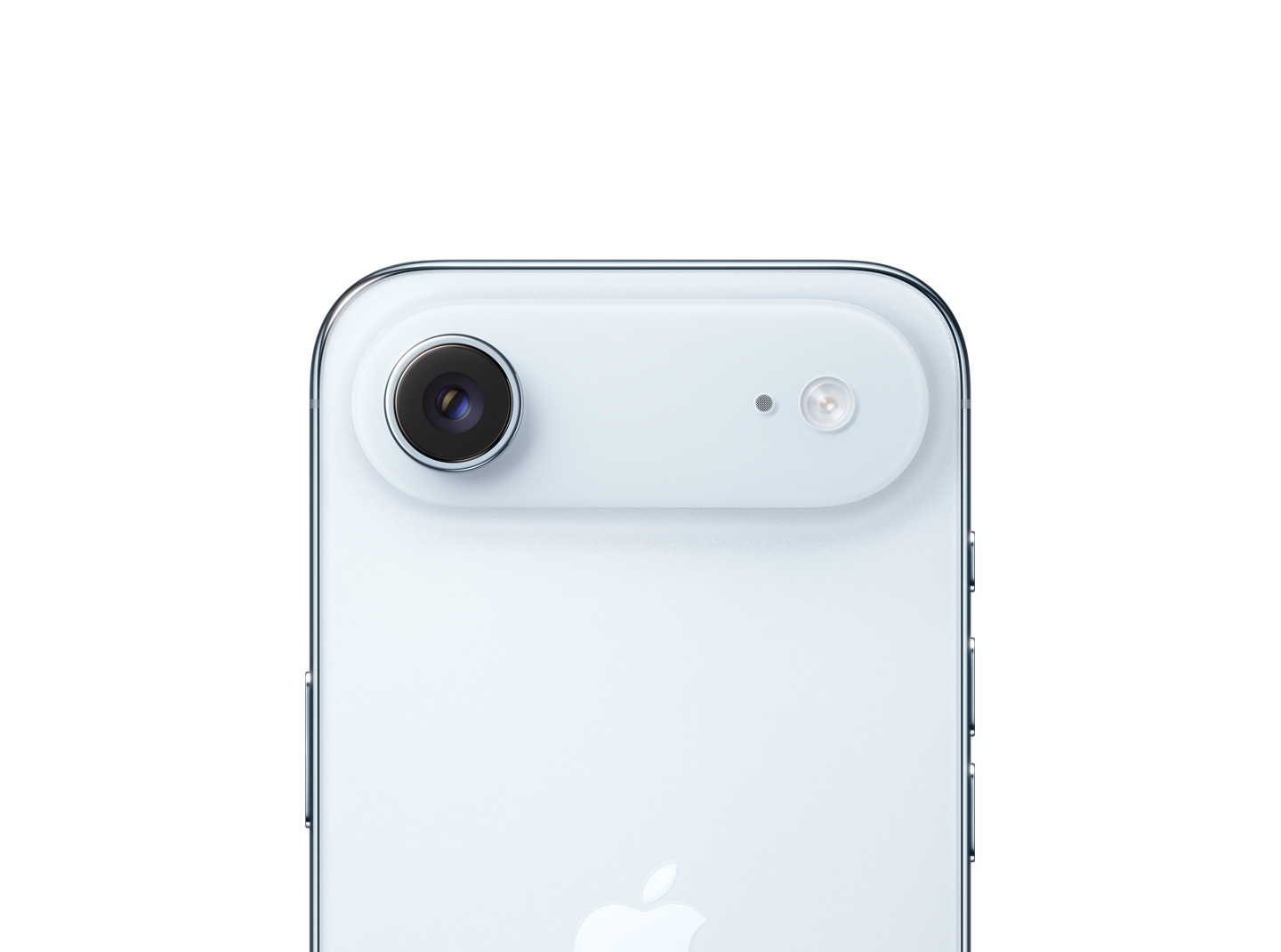 Parte de trás do iPhone Air na cor azul-céu, mostrando o sistema de câmera Fusion principal no platô na parte superior