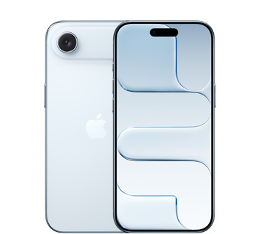 Parte de trás do iPhone Air na cor azul-céu com o sistema de câmera Fusion na parte superior e o logotipo da Apple no centro. Parte da frente do iPhone Air na cor azul-céu com a Dynamic Island centralizada na parte superior