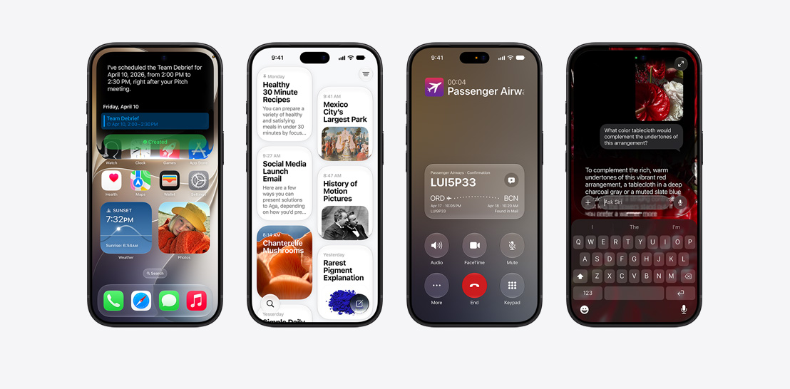 Imagem aproximada da parte da frente de quatro modelos de iPhone 18 Pro, cada um mostrando diferentes recursos do iOS Da esquerda para a direita, iPhone 18 Pro com a tela mostrando um debriefing de equipe sendo agendado pela Siri; iPhone 18 Pro com a tela mostrando o app Siri e uma grade de cartões que representam interações passadas, com tópicos como “Receitas saudáveis de 30 minutos”, “O maior parque da Cidade do México” com uma imagem relacionada e “E-mail de lançamento nas redes sociais”; iPhone 18 Pro com a tela mostrando uma ligação telefônica ativa com a “Passenger Airways” e um cartão de Contexto da Ligação na parte inferior da tela com detalhes relevantes de confirmação do voo, incluindo o código da reserva, a rota de JFK para RAK e os horários de voo, com uma nota indicando que as informações foram “encontradas no Mail”; iPhone 18 Pro com a tela mostrando uma conversa com a Siri perguntando sobre a cor de uma toalha de mesa