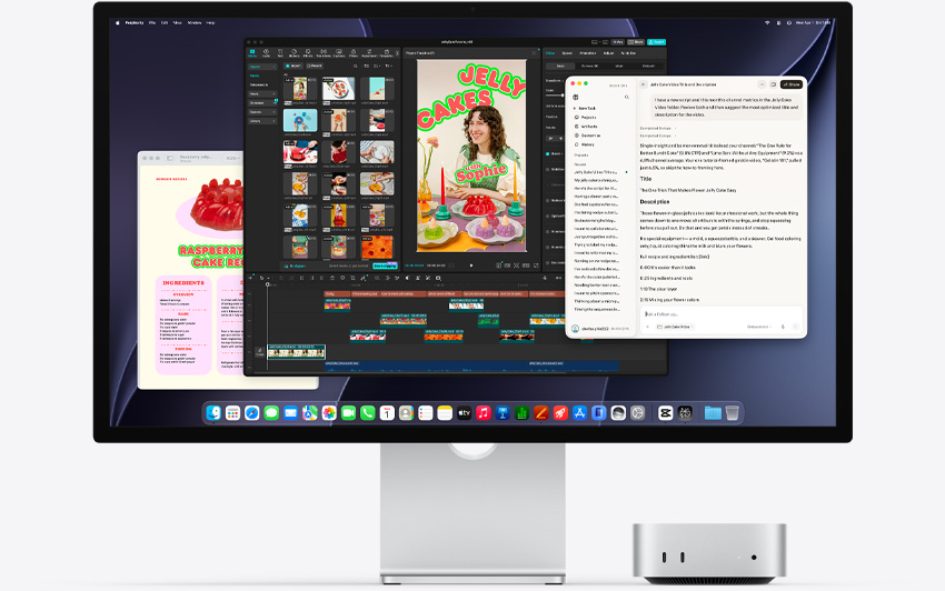 Mac mini 正面收納在 Studio Display 下方，螢幕顯示 Perplexity Personal Computer、CapCut 和 Pages 在 macOS 環境中執行
