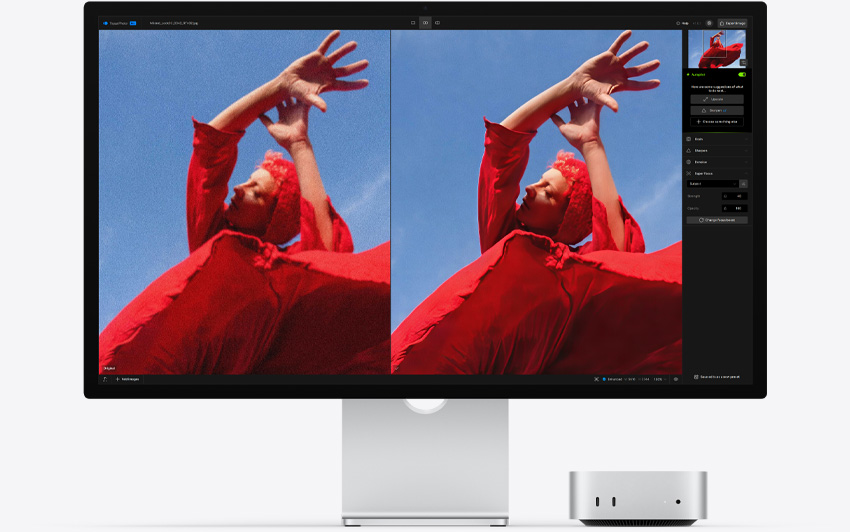 Mac mini 正面收納在 Studio Display 下方，Topaz Photo app 在 macOS 環境中執行